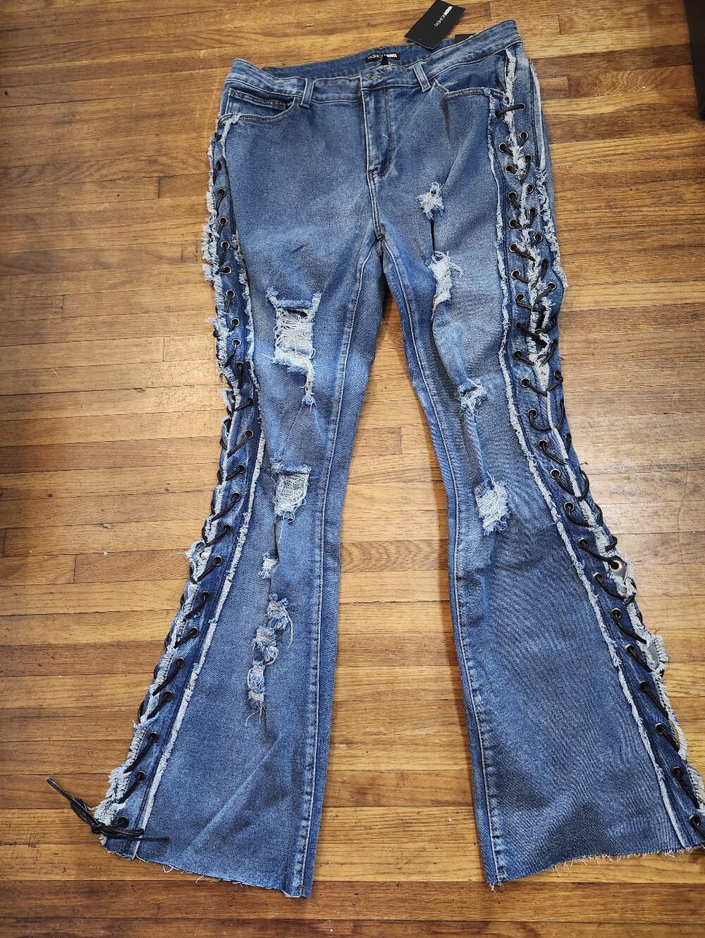 Fashion Nova Distressed Lace-Up Flare Jeans - Blue